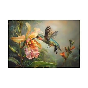 A nice hummingbird flying on catleya orchid flower of oil painting on canvas wall art print. Hummingbird painting gift for bird lover.