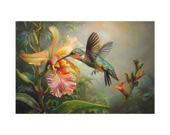A nice hummingbird flying on catleya orchid flower of oil painting on canvas wall art print. Hummingbird painting gift for bird lover.