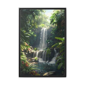 Stunning waterfall view photo in tropical forest river in the morning on canvas wall art print. Beautiful small waterfalls for home decor.