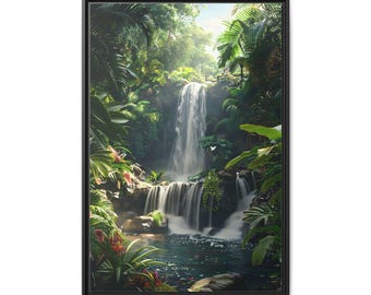 Stunning waterfall view photo in tropical forest river in the morning on canvas wall art print. Beautiful small waterfalls for home decor.