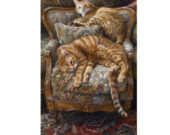 Two orange cat lying on the couch oil painting on canvas wall art print. Cute cat pet animal home decor for pet lover gift. Vertical style.