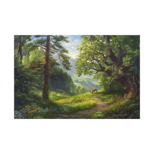 Forest on mountain landscape oil painting on canvas wall art print. Beautiful art of oil painting landscape of wild flower on the forest.