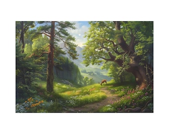 山の森の風景を描いた油絵（キャンバスウォールアートプリント）。森に咲く野花の美しい風景油絵。