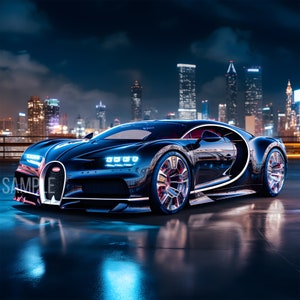 Op de afbeelding: Een zwarte Bugatti Chiron sportwagen geparkeerd in een stad 's nachts. De auto heeft een gestroomlijnd ontwerp met een laag profiel en een lange motorkap. De koplampen zijn aan en de auto reflecteert de stadslichten.