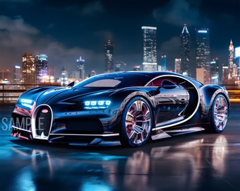 Bugatti Chiron Bugatti Chiron at The Night With Skyscrappers On Digital Download Wall Art. Bugatti Chiron Super Car Poster Home Decor. JPG