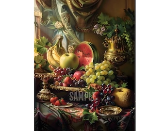 Delicious fruits on the table at the window oil painting digital download wall art. Grape, apple, and banana fruit painting for home decor.