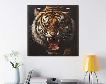 キャンバスに油絵で描いた咆哮する虎のウォールアート。クールな虎を