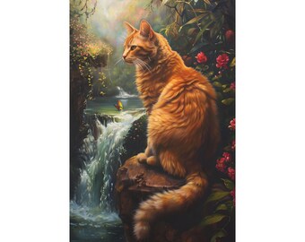 Orange cat sitting on the front of waterfall oil painting on canvas wall art print. Cute young cat pet animal painting for cat lover gift.