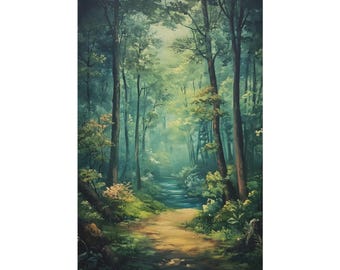 Amazing Deep Forest and Small River Oil Painting Wall Art Print,  Forest Poster, Matte Canvas Decor, Nature Landscape Artwork,