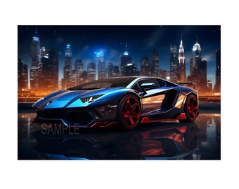 Lamborghini Aventador at the Night with Skyscrappers on Download Digital Wall Art. Cool Lamborghini Supercar On City For Home Decor. Jpg.