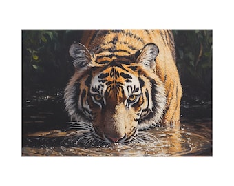 Canvas Print - Cool Bengal Tiger Drinking - Animal Oil Painting Wall Art Decor, Poster, Home Decor, Jungle Theme Nursery, Wildlife Gift