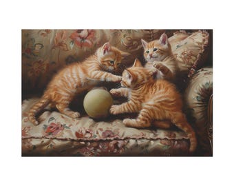 3 kittens playing fighting over a ball on the couch oil painting on canvas wall art print. Cute cat animal painting for pet lover gift.