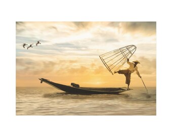 Sunset and Fisherman on Asian Ocean On Classic Canvas Wall Art Print. Print of Photo of Nature View of Sunset Ocean For Home Decor