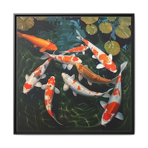 9 beautiful koi fish gathered in a clear pond on oil painting on canvas wall art print. Feng shui. Best koi fish painting for home decor.