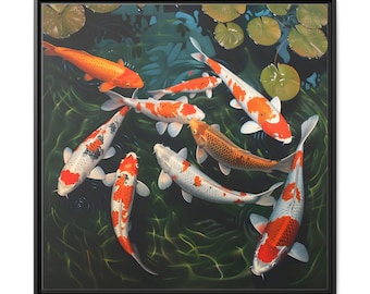 9 beautiful koi fish gathered in a clear pond on oil painting on canvas wall art print. Feng shui. Best koi fish painting for home decor.