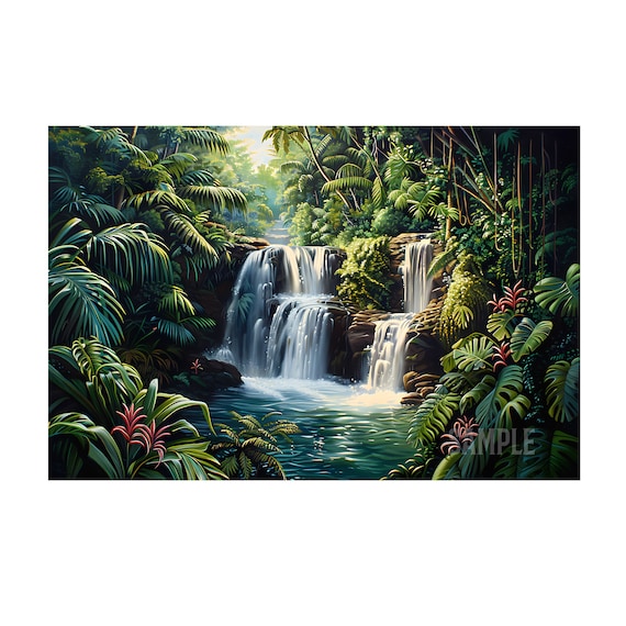 朝の熱帯林の美しい滝、デジタルダウンロードの壁アートの油絵。滝の