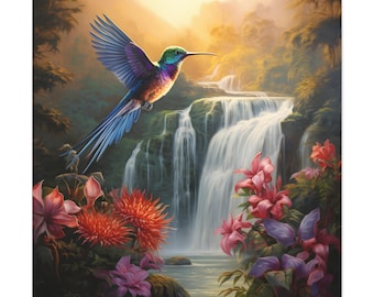 A Hummingbird Flying On Flowers On Tropical Waterfalls at The Morning Oil Painting On Canvas Wall Art Print. A Beautiful Bird Home Decor.