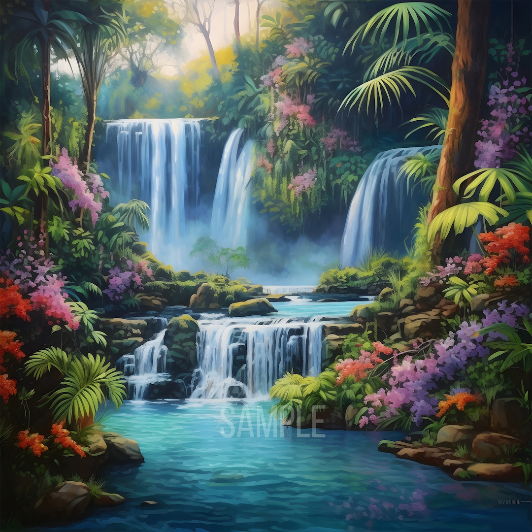 Beautiful Waterfalls and Flowers on the Forest on Digital Download