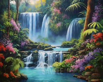 Beautiful Waterfalls and flowers On The Forest On Digital Download Wall Art. Cool Waterfall on The Morning Poster For Home Decor. Jpg