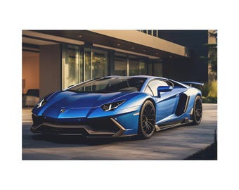 Blue Lamborghini Aventador Parked on Modern House On Canvas Wall Art Print. Cool Lamborghini Supercar Poster For Home Decor.