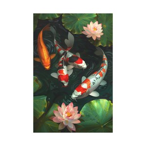 4 beautiful koi fish on the pond oil painting on canvas wall art print. Red white and orange koi fish painting for home decor.