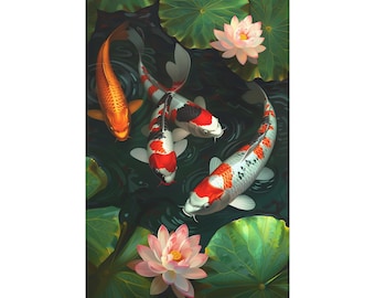 4 beautiful koi fish on the pond oil painting on canvas wall art print. Red white and orange koi fish painting for home decor.
