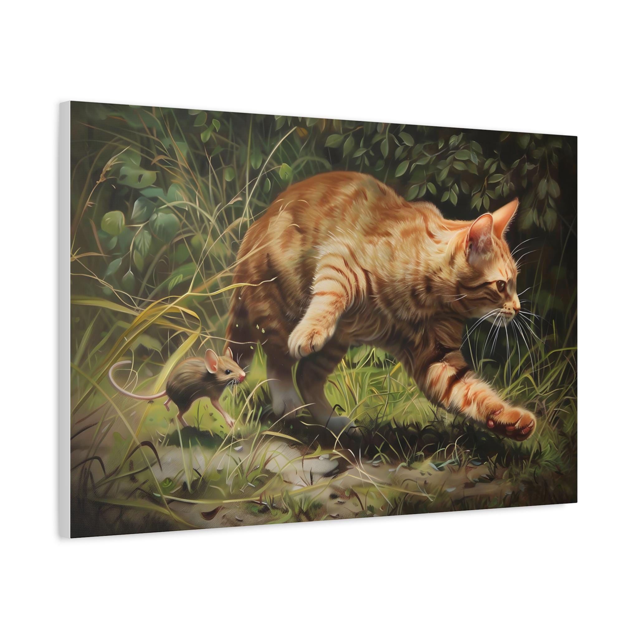 ネズミを追いかける可愛いオレンジ色の猫がキャンバスに油絵で描かれた