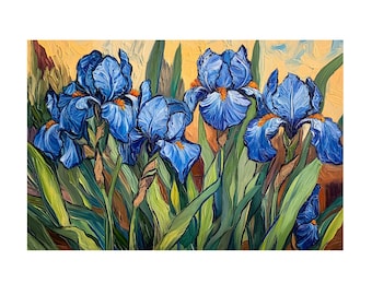 Blue Irises Flowers on The Garden On Van Gogh Style Oil Painting On Canvas Wall Art Print. Natural Home Decor, Floral Art, Gift For Her.