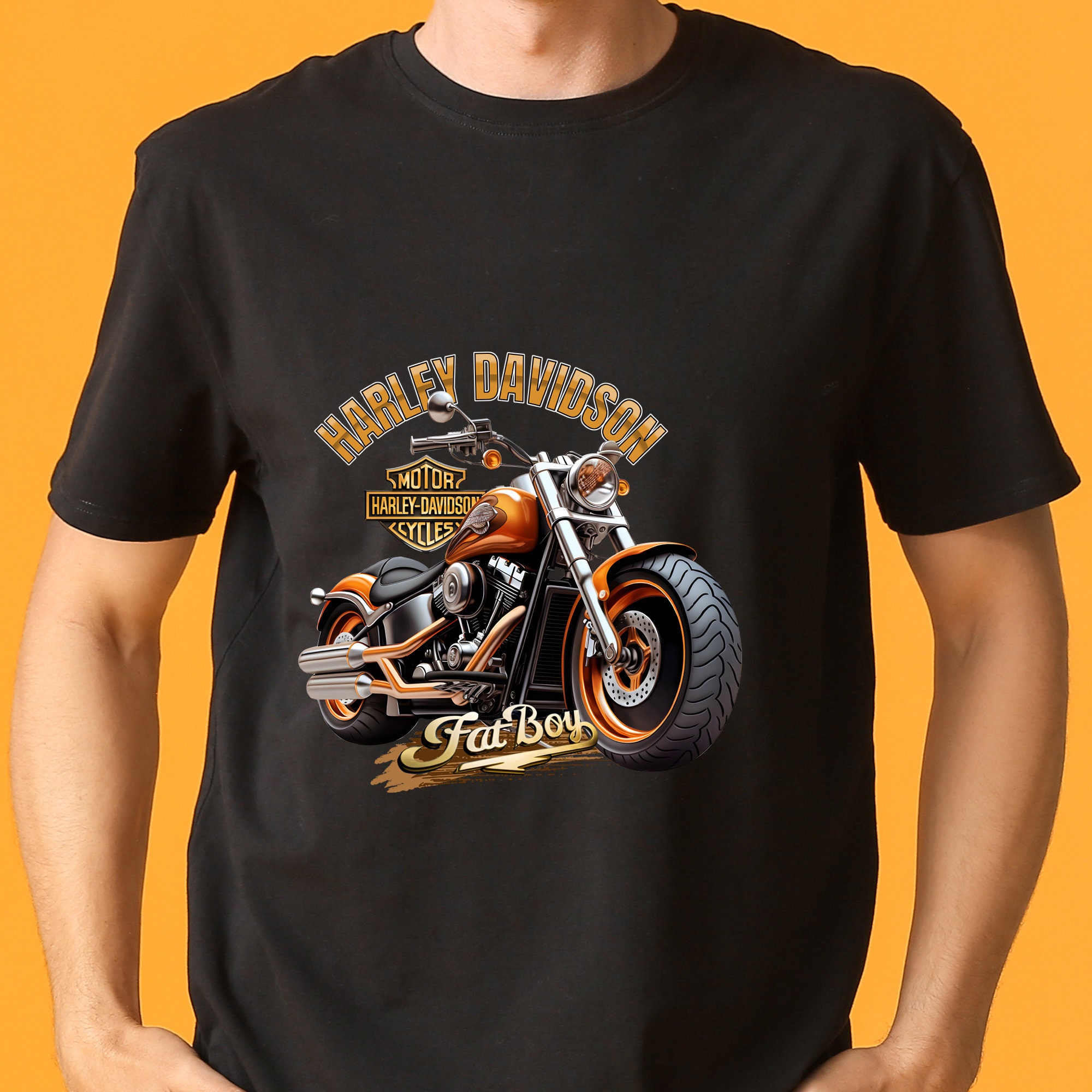 Harley Davidson Fat Boy Tshirt Orange HD Fat Boy Motor Bike Biker T shirt Motorcycle Gifts