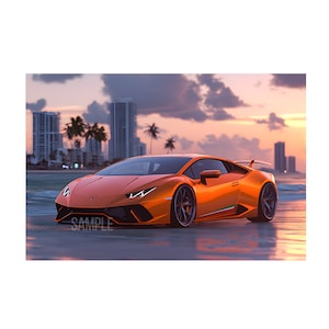 Coche lamborghini huracan naranja en la puesta de sol de la playa en arte de pared de descarga digital. Una hermosa foto del súper auto Huracán Lamborghini para ti.