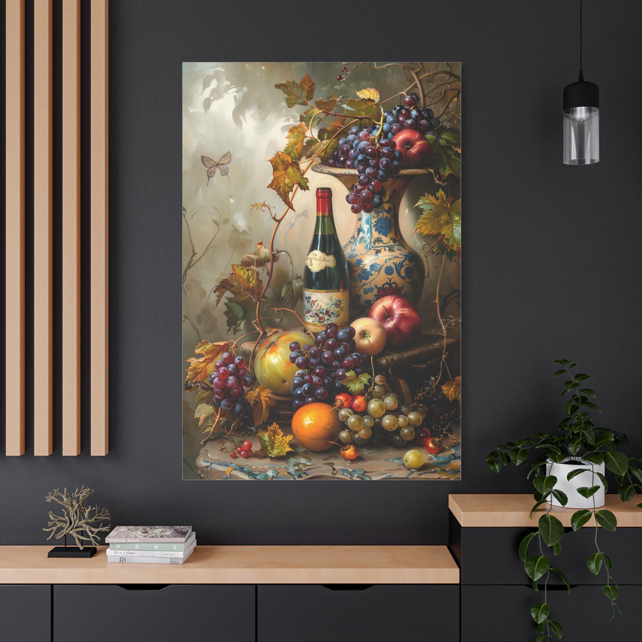 テーブルの上のリンゴ、ブドウ、ワインを描いた油絵（キャンバス