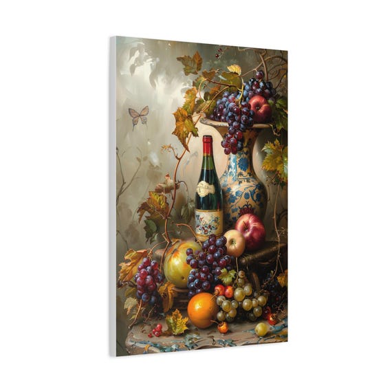 テーブルの上のリンゴ、ブドウ、ワインを描いた油絵（キャンバス