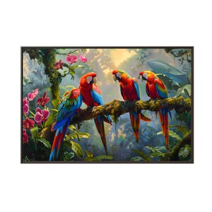 4 parrots on the branch tree with orchid on the forest on morning of oil painting on canvas wall art print. Nice parrot bird as home decor.