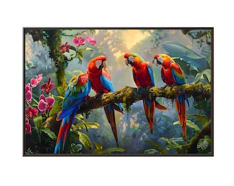 4 parrots on the branch tree with orchid on the forest on morning of oil painting on canvas wall art print. Nice parrot bird as home decor.