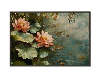 Amazing Lotus Flowers Oil Painting on Wall Art Print Poster, Home Decor, Floral Artwork, Botanical Print, Gift for Art Lover,
