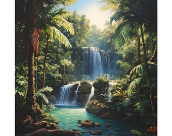 Beautiful Big Waterfall on The Forest Oil Painting On Classic Canvas Wall Art. Tropical Waterfalls on The Morning Poster For Home Decor.