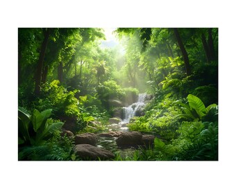 Canvas Print Tropical Jungle and Small Waterfall, Jungle Wall Art Decor, Jungle Home Decor, Deep Forest River, Rainforest Art Print Photo,