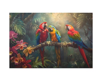 Beautiful parrots on the branch with flower on deep forest of oil painting on canvas wall art print. Nice parrot bird view for home decor.