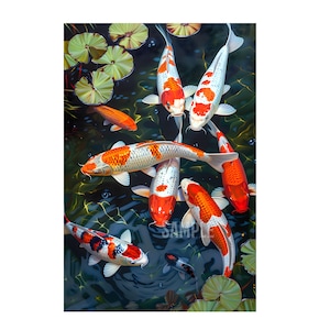 Meeting 9 big koi fish in the middle of the pond oil painting on digital download wall art. Nice koi fish painting for home decor. Feng Shui