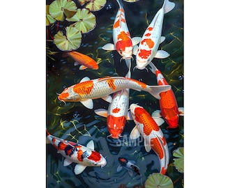 Meeting 9 big koi fish in the middle of the pond oil painting on digital download wall art. Nice koi fish painting for home decor. Feng Shui
