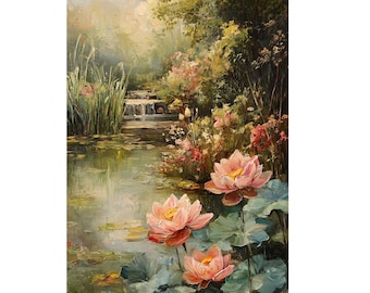 Hermoso arte de pared con 3 flores de loto, póster de pintura al óleo de estanque, decoración del hogar, obra de arte floral, impresión en lienzo,