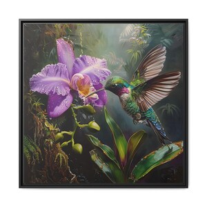 A violet orchid flower and hummingbird on it of oil painting on canvas wall art print. Hummingbird painting gift for bird lover. Home decor.