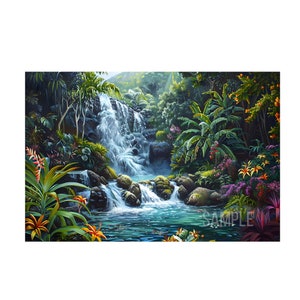 Nice waterfall on river surrounded tropical flowers oil painting on digital download wall art. Waterfalls painting for home decor.
