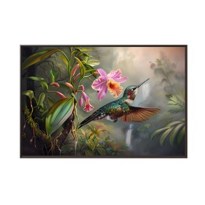 Stunning hummingbird on orchid flower on waterfall zone of oil painting on canvas wall art print. Hummingbird painting gift for bird lover.