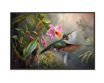 Prachtige kolibrie op orchideebloem op watervalzone van olieverfschilderij op canvas muurkunstprint. Kolibrie schilderij cadeau voor vogelliefhebber.