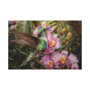 A nice hummingbird on white pink dendrobium orchid flowers of oil painting on canvas wall art print. Good painting gift for bird lover.