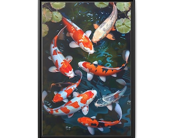 Gathering of 9 koi fish in clear pond on front yard on oil painting on canvas wall art print. Feng Shui in koi fish painting for home decor