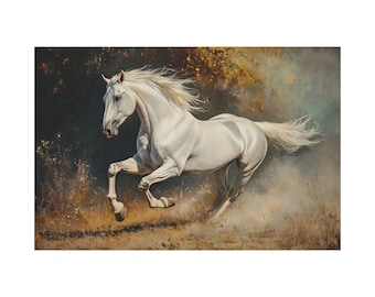 美しさと力強さ、馬と海の油絵、キャンバス上の白い馬のアート、白い馬