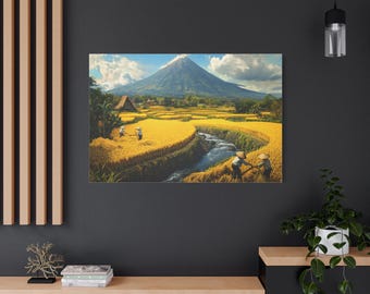 キャンバスウォールアートプリント、水田を収穫する農家の油絵、熱帯の
