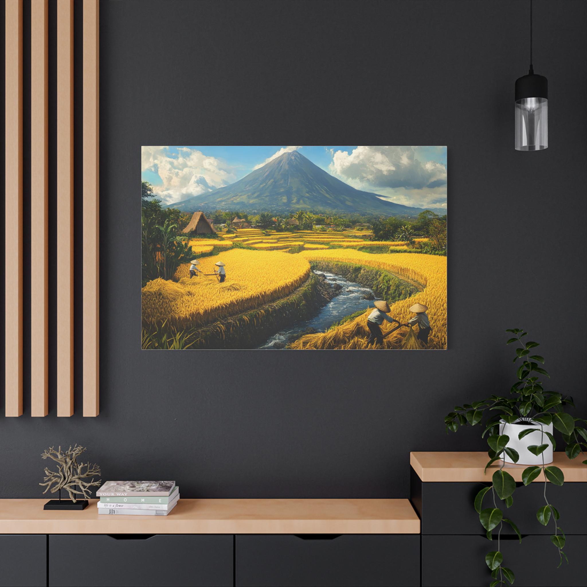キャンバスウォールアートプリント、水田を収穫する農家の油絵、熱帯の